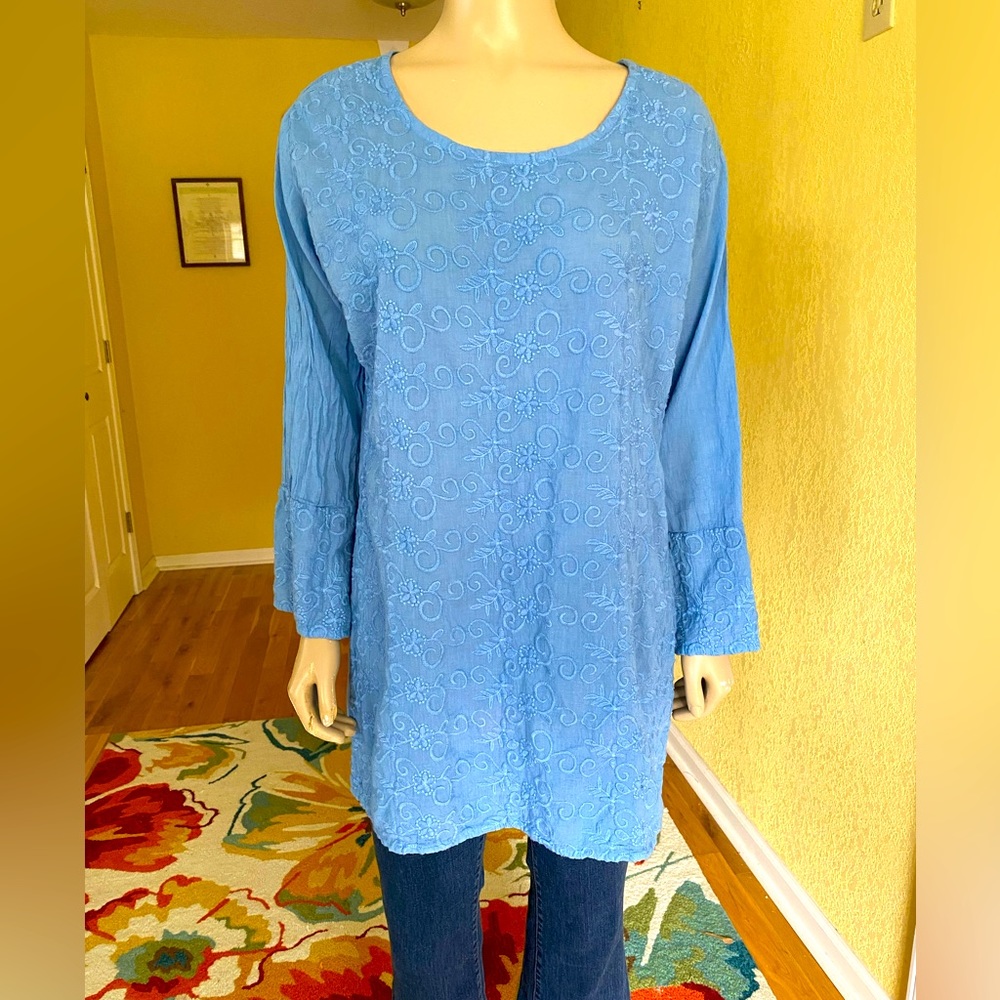 Blue Embroidered Bell-Sleeve Tunic